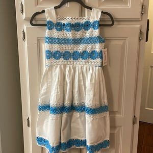 Fiveloaves twofish, white and blue eyelet, Maui Dress, size 8. Tag attached.